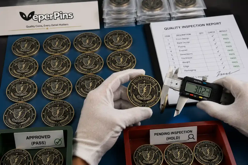 Bulk challenge coins being inspected before shipping