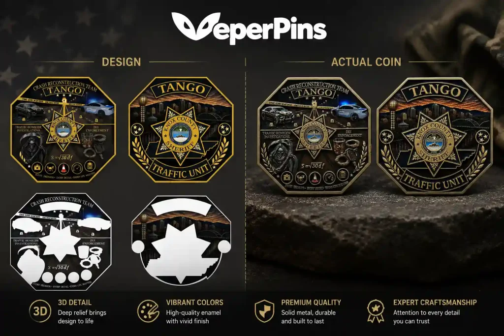 Challenge coin artwork proof compared with the finished coin