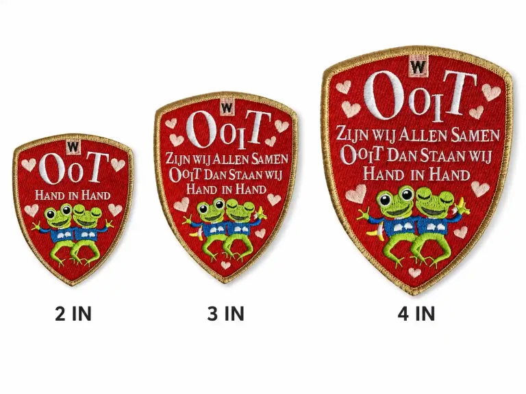 Same embroidered shield design at 2, 3, and 4 inches