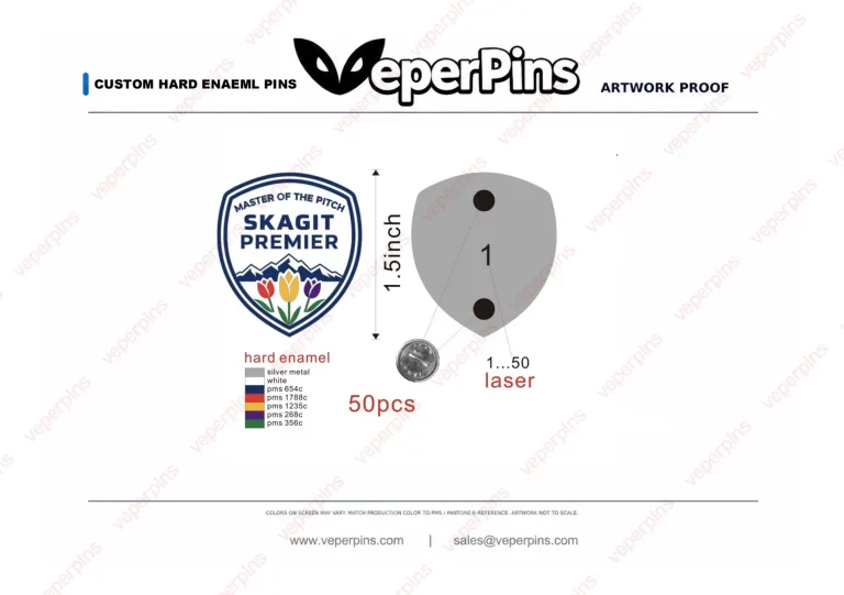 Skagit Premier custom hard enamel soccer pin artwork with individual laser numbering